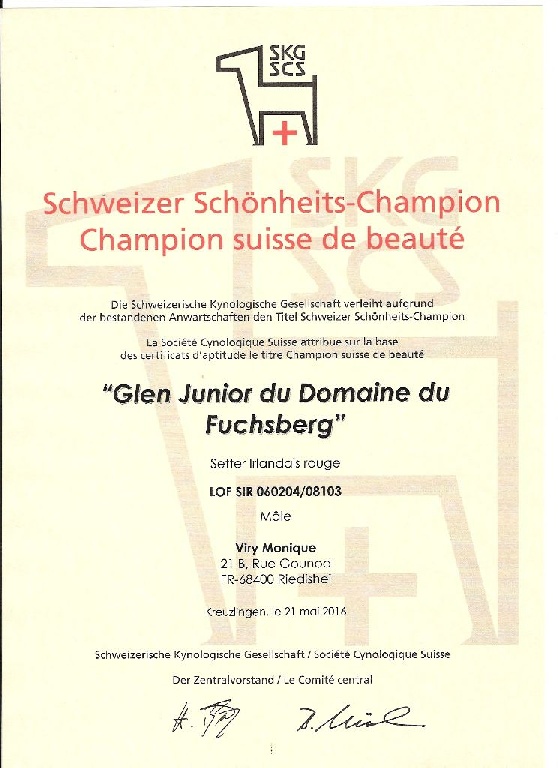 Du Domaine Du Fuchsberg - Un nouveau titre de champion pour Glen